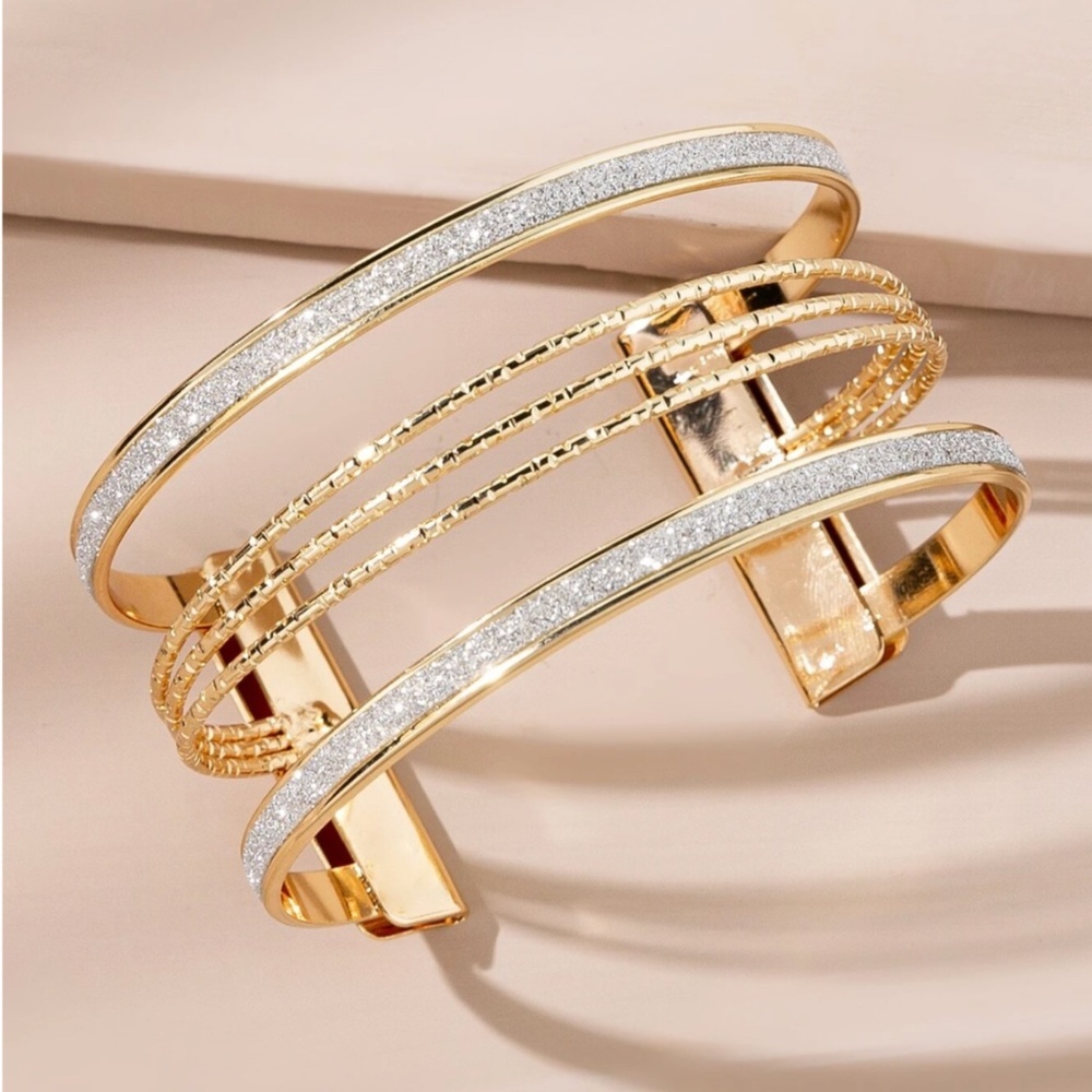 Bling Bling Cuff Bracelet Yellow Gold Tone Embellished Glitter Shiny